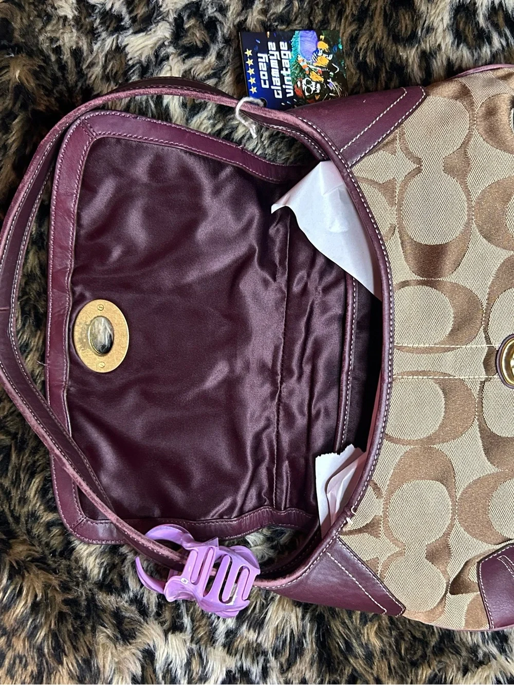 Coach Brown Signature Canvas Shoulder Bag with Plum Trim